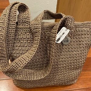 Saks crochet taupe tote